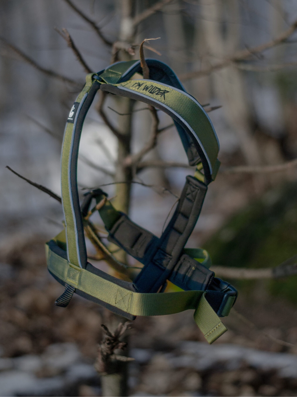 Arnés en Y acolchado color verde oliva modelo Wilder colgado en una rama para paseos en naturaleza en oferta.