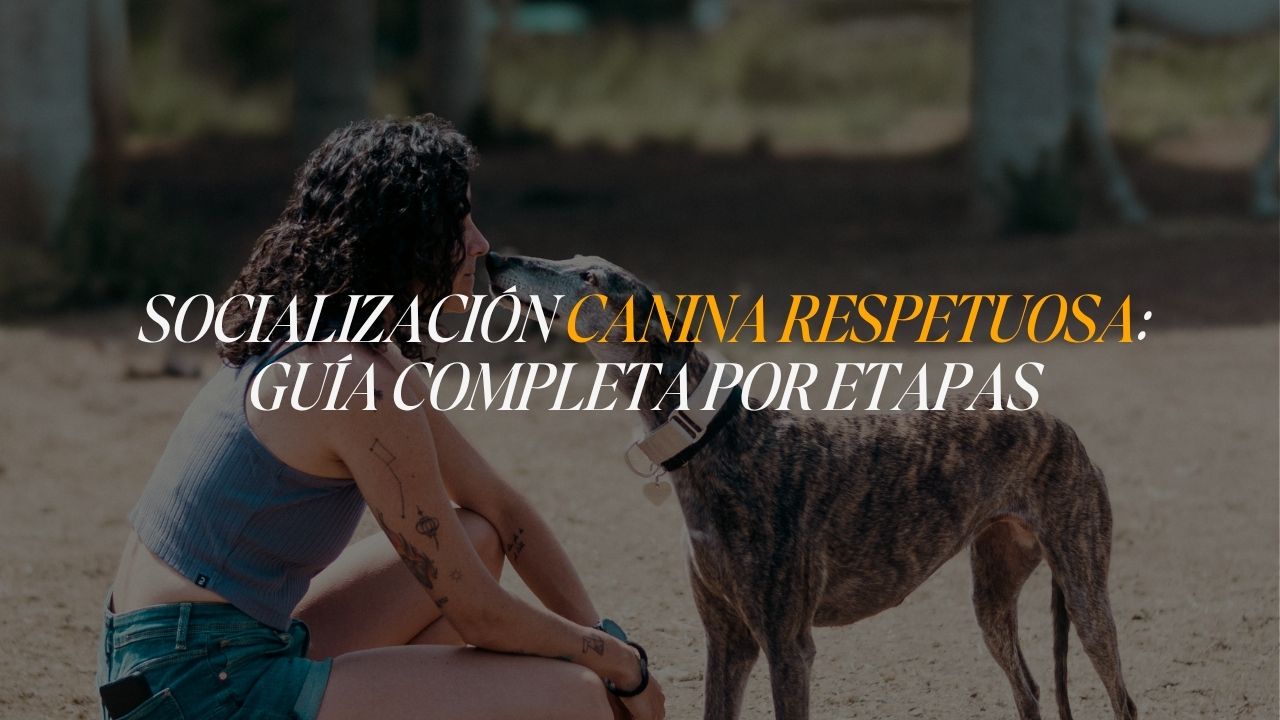 Nei Fuentes de El Perro Negro agachada nariz con nariz con su perro en un momento de socialización canina respetuosa al aire libre