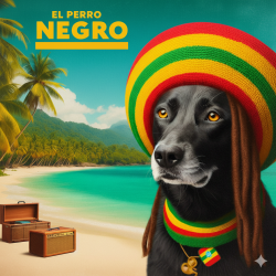 Perro labrador negro con gorro rastafari y dreadlocks, collar con colores de reggae y bandera de Etiopía, en una playa tropical con amplificadores de música, promocionando una playlist de reggae para perros.
