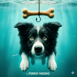 Perro de raza Border Collie bajo el agua intentando alcanzar un hueso anzuelo, promocionando una playlist de rock suave para perros.